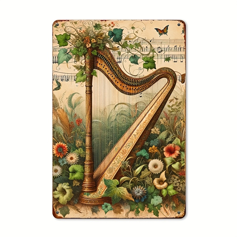 Musical Instrument Sign - Vintage Harp Floral Music Note Metal